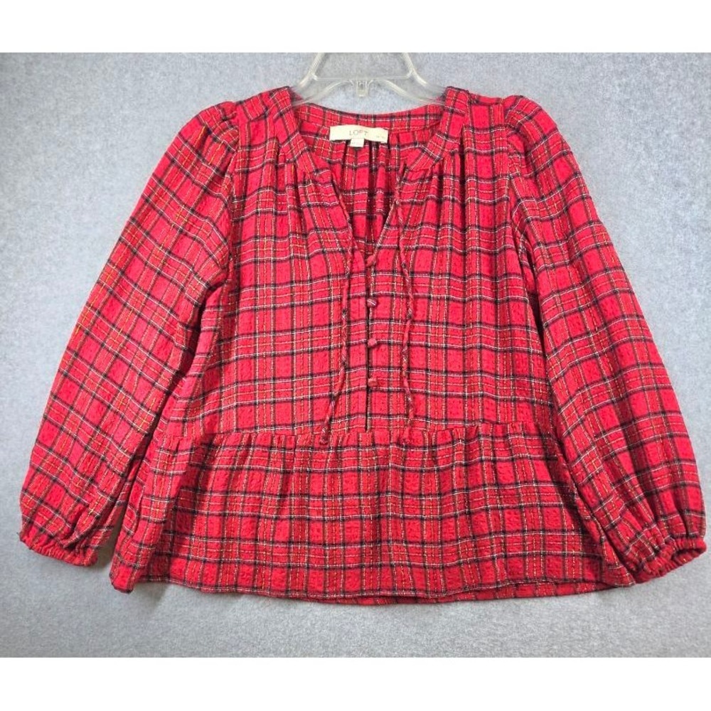 LOFT Petites Red Plaid Metallic Peplum Blouse XSP Long Sleeve Holiday Top